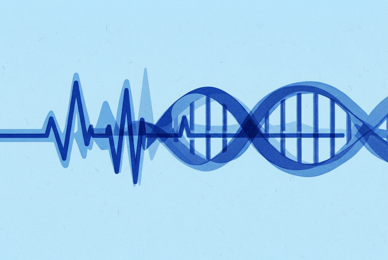 Abstract illustration: heartbeat waveform interwoven with a DNA helix