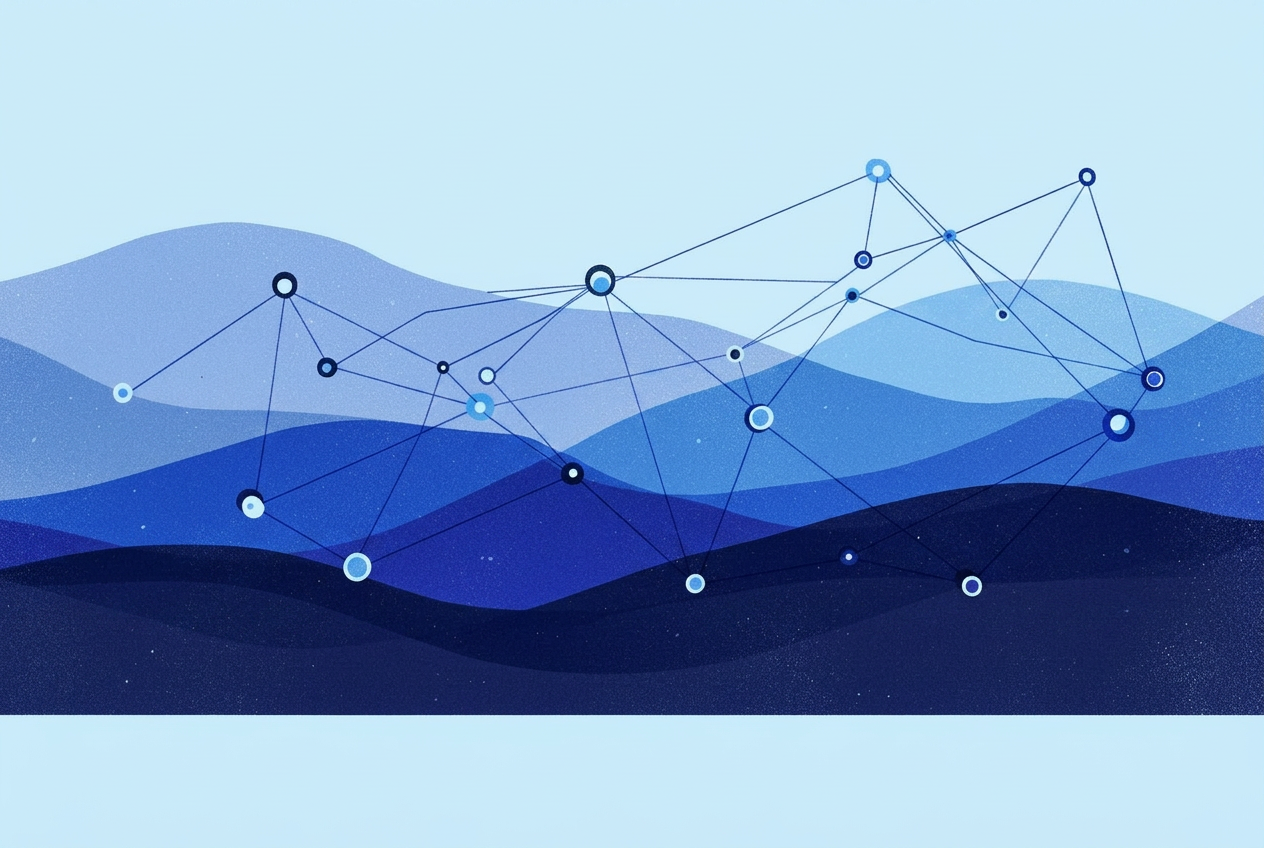 Abstract risograph illustration: interconnected network of dots and lines representing a statewide healthcare ecosystem